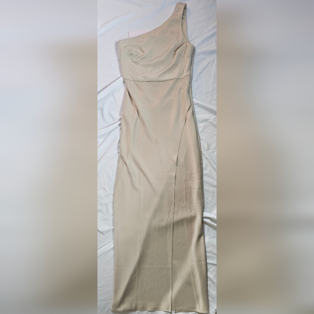 BHLDN Dylan One-Shoulder Satin Side-Slit Gown- Champagne- Size 6